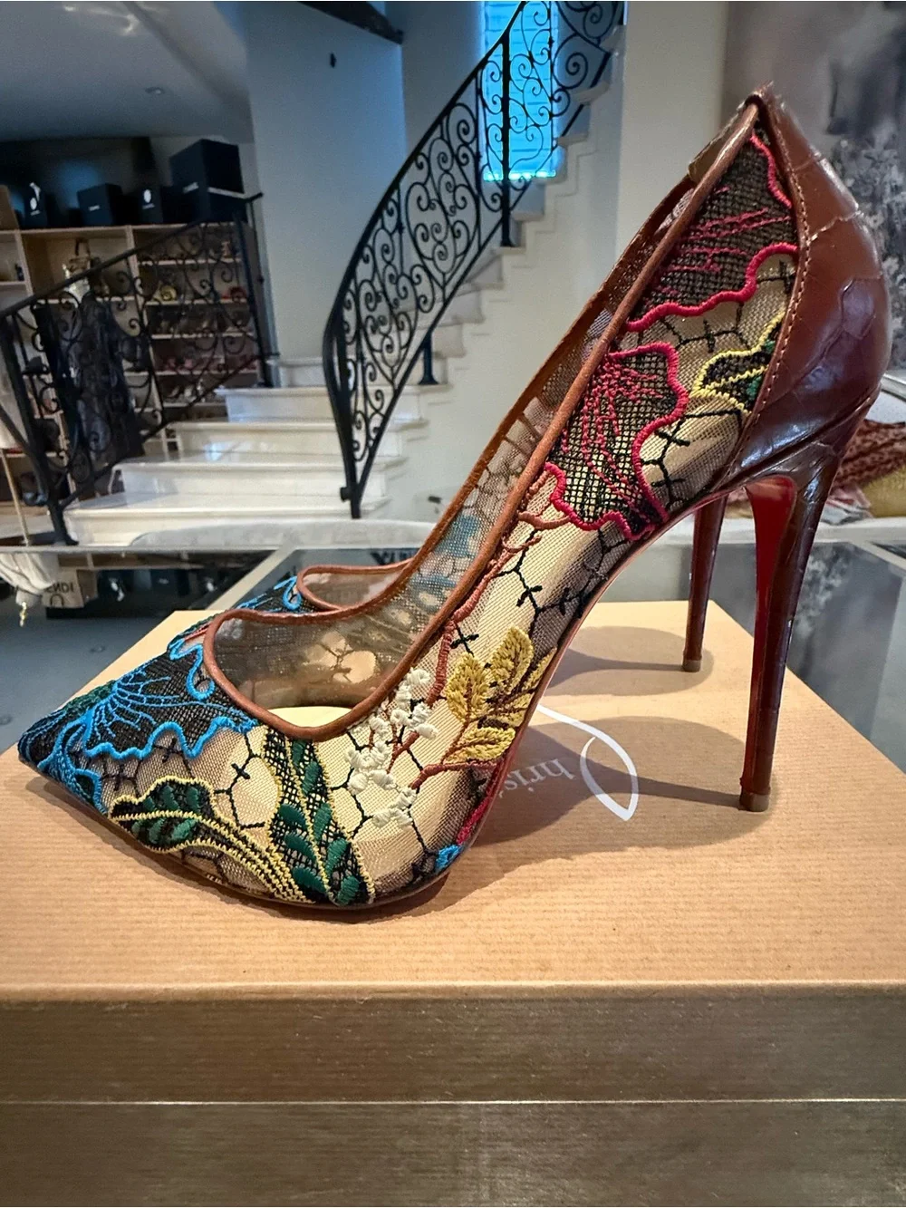 Christian Louboutin Blue and Green Embroidered Pointed Toe Pumps - Picture 5 of 8
